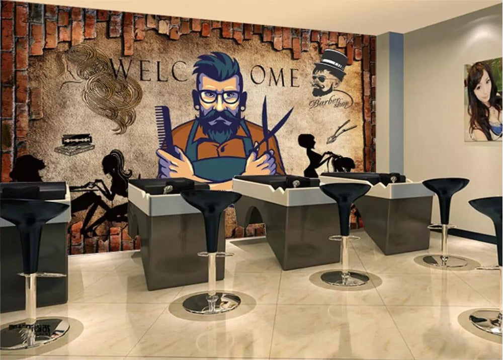 Fresque murale retro pour  salon barber