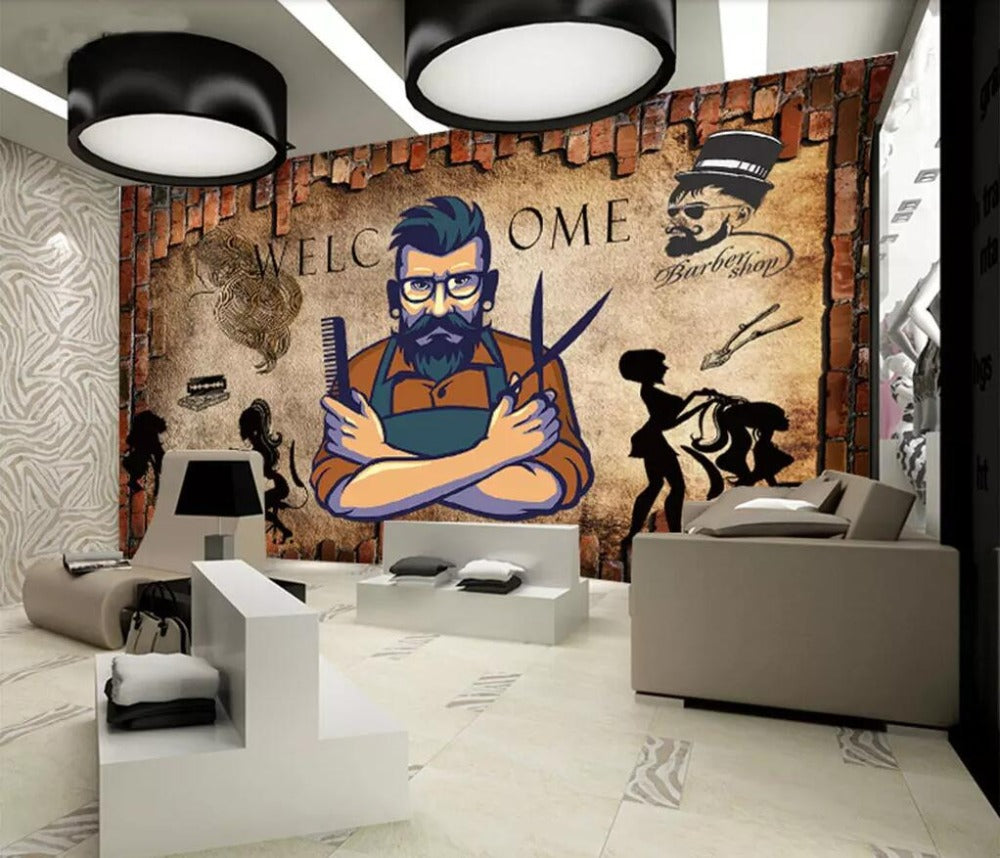 Fresque murale retro pour  salon barber